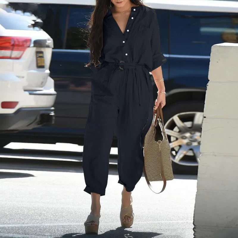 Women's Solid Casual Jumpsuit New Spring Autumn Elegant Long Sleeve High Waist Leace-up Vintage Ladies Jumpsuits Female Rompers