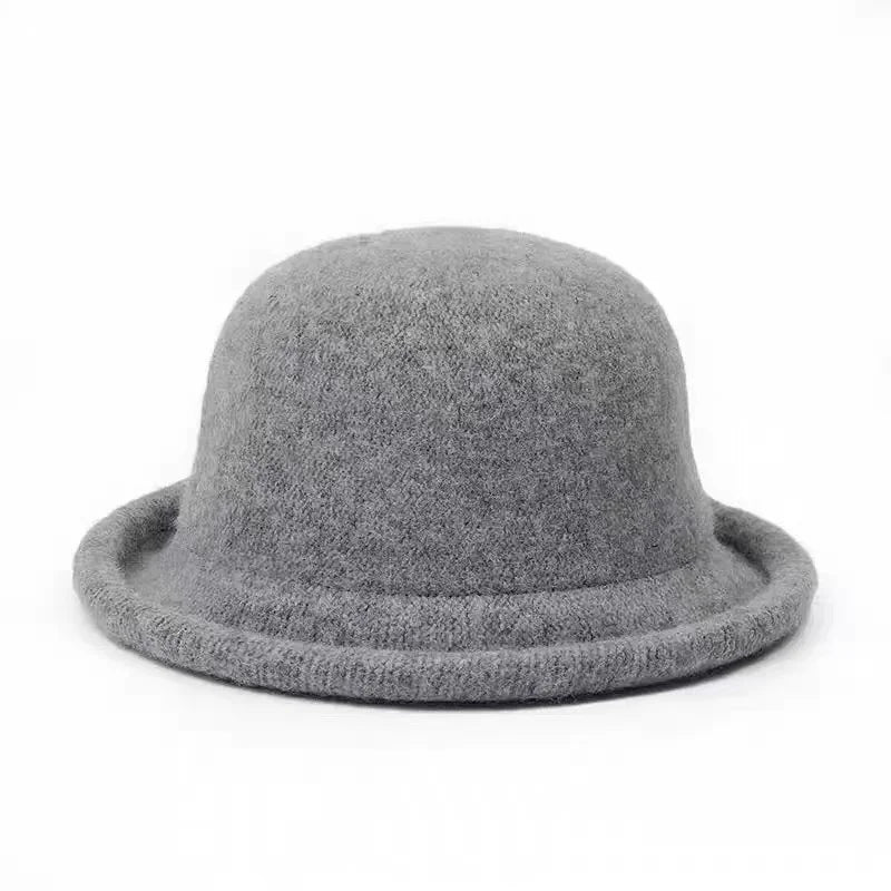 Wool Knit Bucket Hat for Women Japanese Simple Fedora Small Topper Hat Casual Ladies Solid Color British Top Hat Rolled Brim