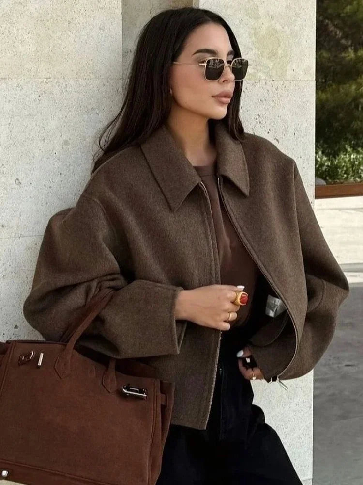 Fashion Brown Zipper Woolen Jacket For Women Elegant Lapel Long Sleeve Short Coats Female Vintage Autumn Lady Street Outerwear