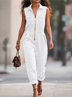 Streetwear Jumpsuit For Women Fashion Sleeveless Zipper Turn-down Collar Long Pants Jumpsuits Lady Casual Solid Women's Clothing
