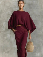 2025 New Fashion Bat Sleeve Shirt + Skirt Suit Women Autumn Casual Loose Solid Color Home Top Long Skirt For Women