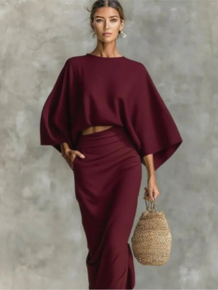 2025 New Fashion Bat Sleeve Shirt + Skirt Suit Women Autumn Casual Loose Solid Color Home Top Long Skirt For Women