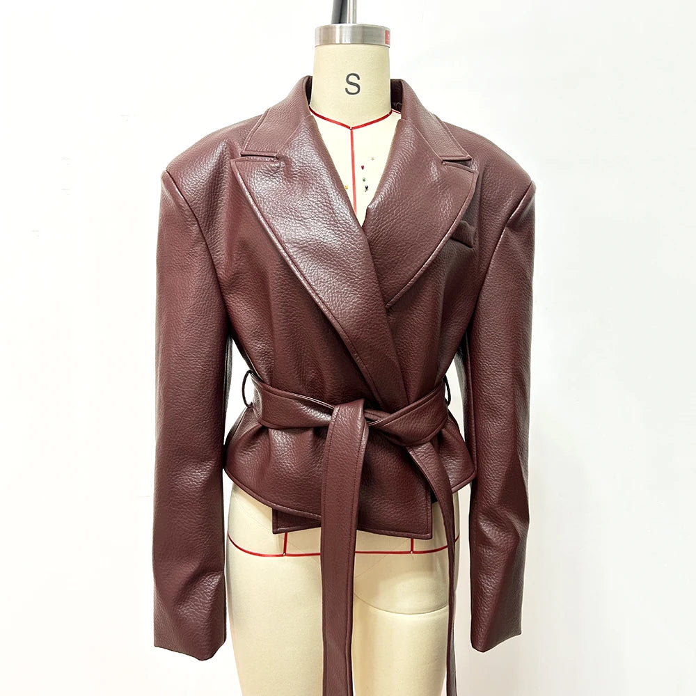 Motorcycle PU Leather Jacket Women 2026 Lace Up Turndown Collar Short Coat Jacket Full Sleeve Soft Leather Jacket New Outwear