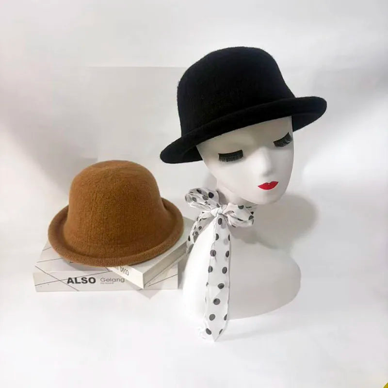 Wool Knit Bucket Hat for Women Japanese Simple Fedora Small Topper Hat Casual Ladies Solid Color British Top Hat Rolled Brim