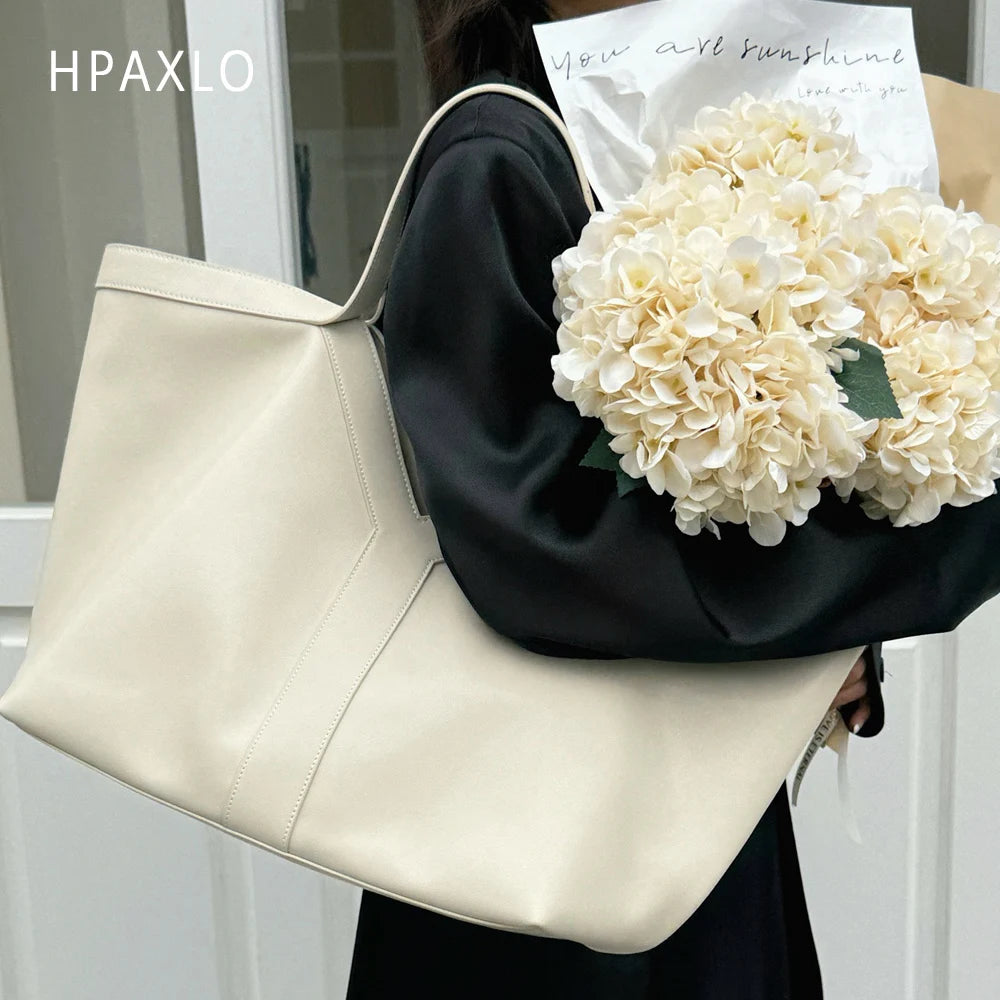 Genuine Leather Large Tote Bag Simple Design Womens Shoulder Bag High Quality Purse Fashion Commuter Handbag No Logo Versatile