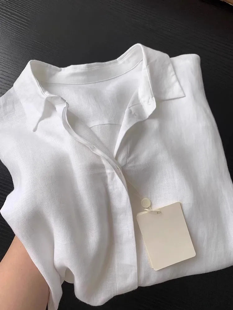 Casual Office Ladies Work Solid Color Linen Shirt Long Sleeve Spring Summer Single Breasted Loose Fit Fashion Women Blouses Tops