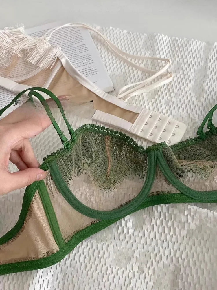 Japanese Light Luxury Backless Lace Bra Set - Ultra-Thin Half Cup Minimizer Sheer Mesh & Lace Lingerie Last 50 Sets  Flash Sale