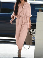 Women's Solid Casual Jumpsuit New Spring Autumn Elegant Long Sleeve High Waist Leace-up Vintage Ladies Jumpsuits Female Rompers