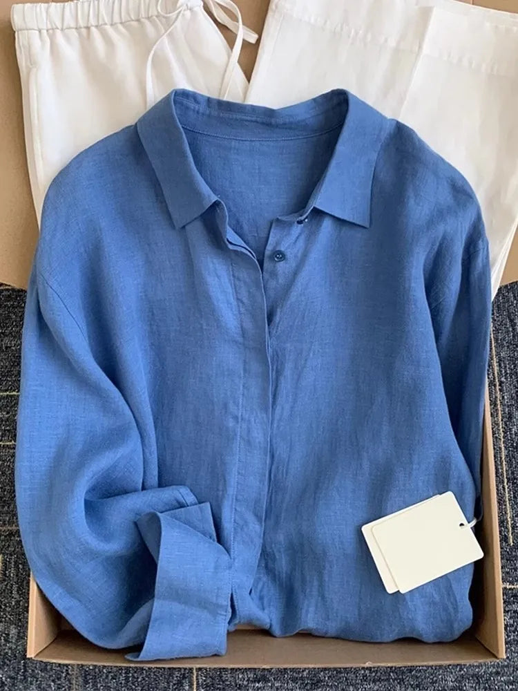 Casual Office Ladies Work Solid Color Linen Shirt Long Sleeve Spring Summer Single Breasted Loose Fit Fashion Women Blouses Tops