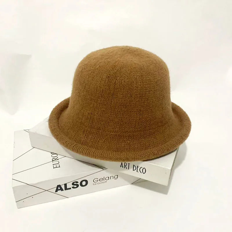 Wool Knit Bucket Hat for Women Japanese Simple Fedora Small Topper Hat Casual Ladies Solid Color British Top Hat Rolled Brim