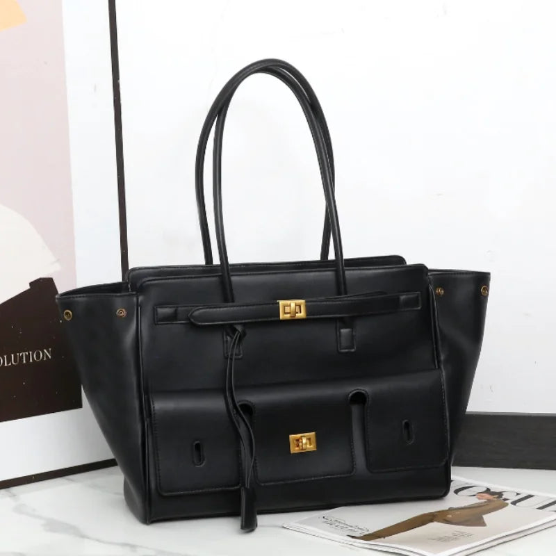 Luxury Large Capacity Wing Bag Black Brand High Quality Leather Casual Silver Gold Lock Tote Bag Trendy Exquisite Shoulder Bag