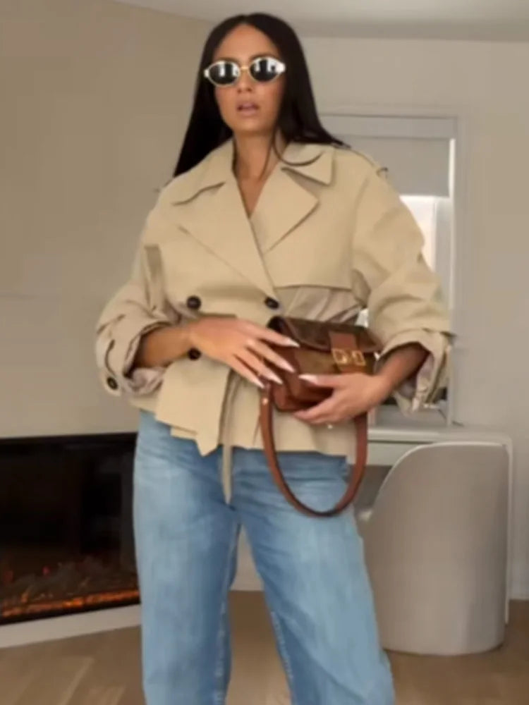 HH Spring Women Elegant Lapel Belt Shoulder Pad Solid Short Windbreaker Female High Street Double Breasted Long Sleeve Jacket