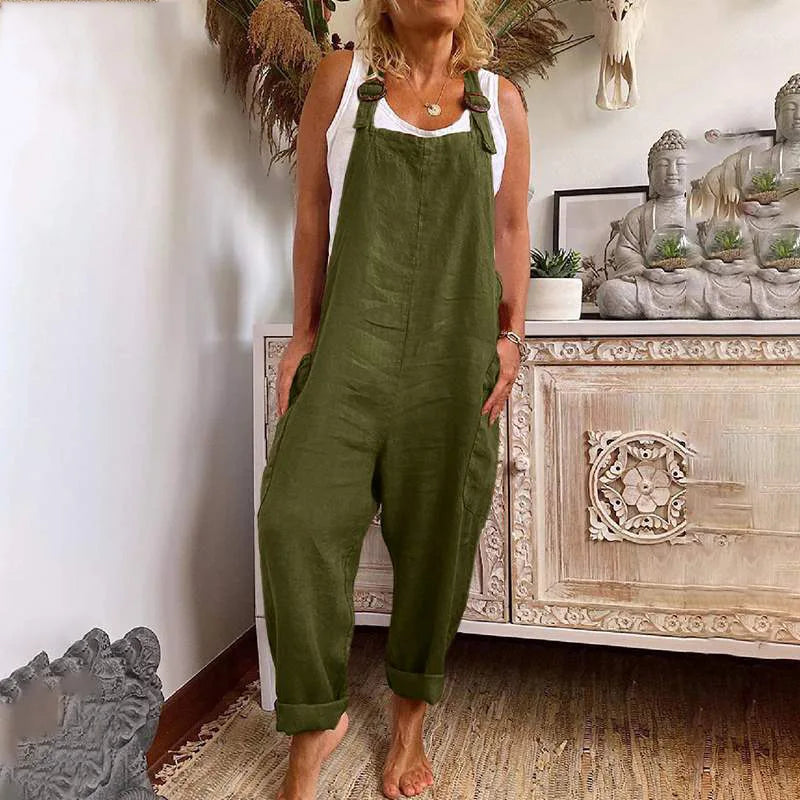 New Solid Color Large size Linen Women Jumpsuits Casual Vintage Sleeveless Adjustable Straps Loose Jumpsuit Bib Overalls