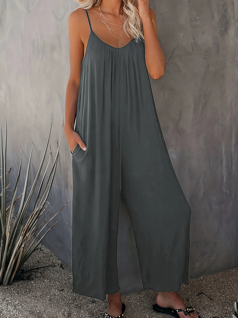 Plus size new cross-border solid color pocket casual jumpsuit