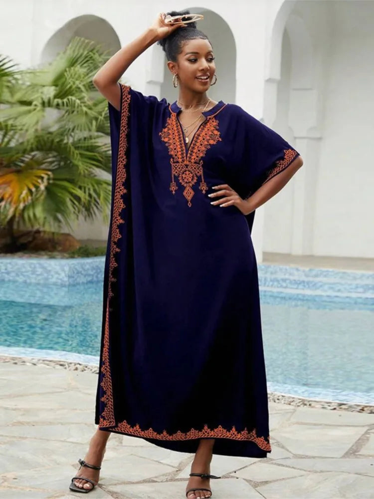Women Vintage Loose Dress Cotton Beach Cover-up Embroidered Robe Vacation Sun Protection Bikini Cover-up Sexy Dresses For Women