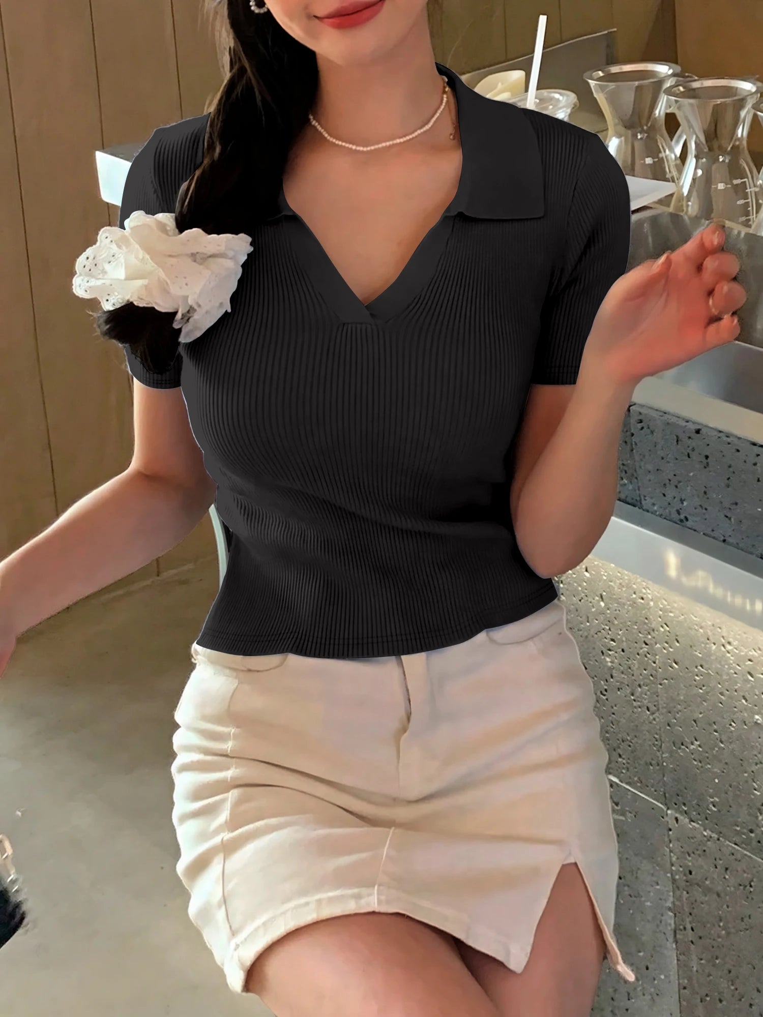 Summer Women's Shirt V-neck Short Sleeve POLO Shirt Clash Color Ribbed New Fashion Casual Women's Tops Sweet Style