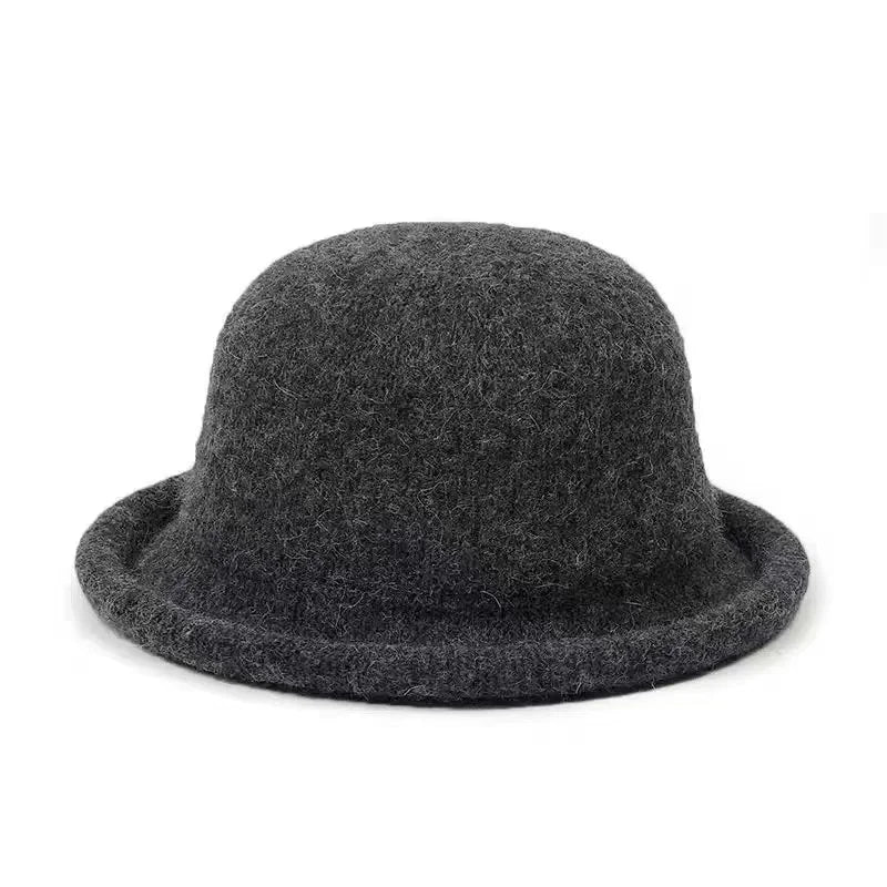 Wool Knit Bucket Hat for Women Japanese Simple Fedora Small Topper Hat Casual Ladies Solid Color British Top Hat Rolled Brim