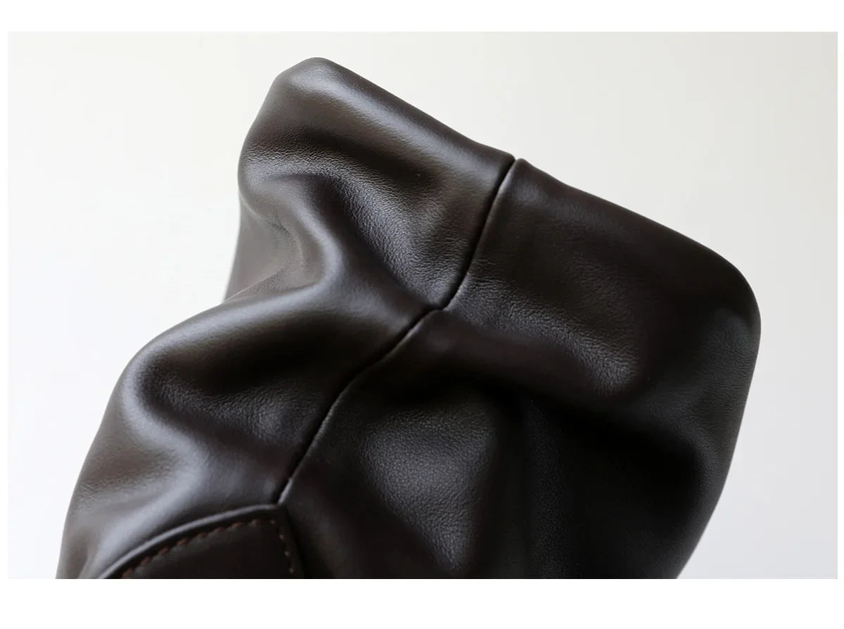 Light Luxury High Quality First-layer Cowhide Pleated Portable Large-capacity Shoulder Messenger Leather Commuter Bowling Bag