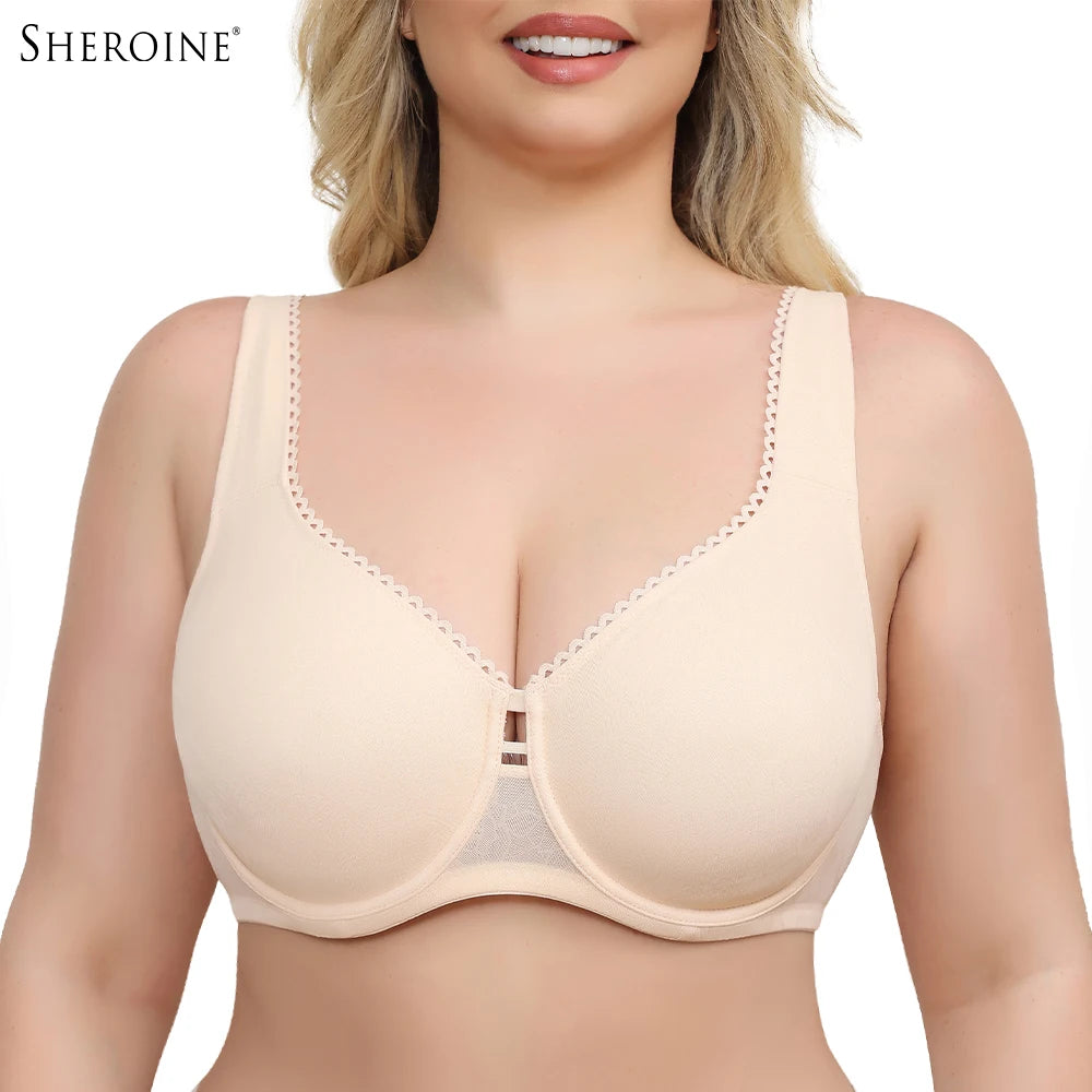 Sheroine Plus Size Underwire Bra Full Coverage Support, Comfortable Lace for Women Unpadded Large Bust Minimizer with Wide Strap