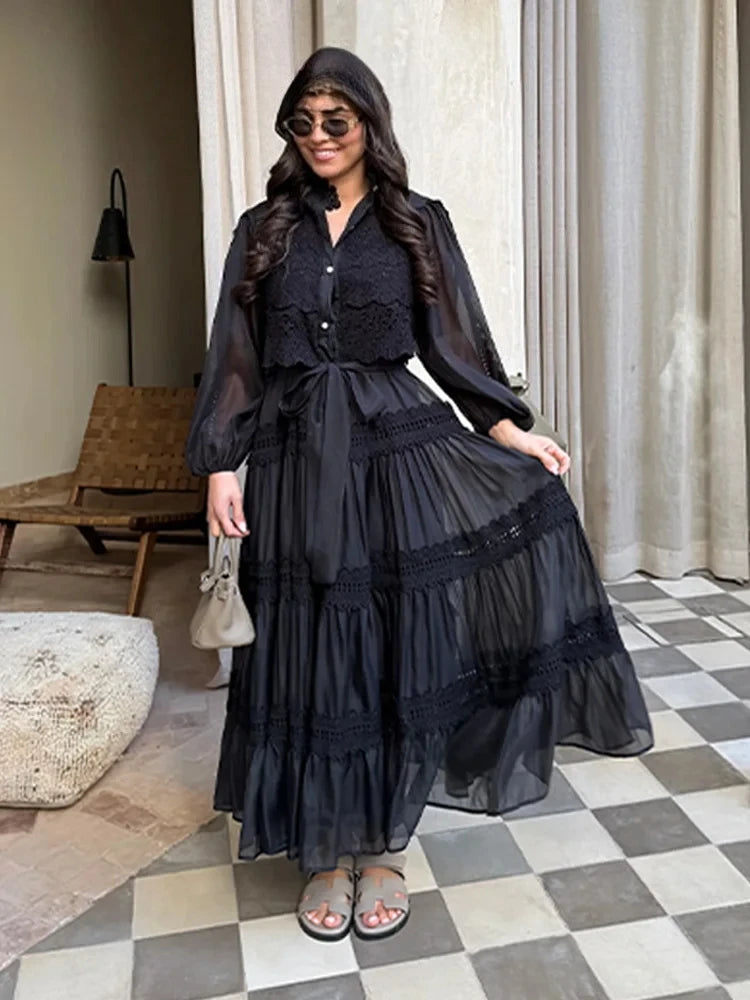 Elegant Hollow Out Women's Long Dresses Lantern Sleeves Lace Up Pearl Single Breasted Dress 2026 Spring Summer Female Solid Robe