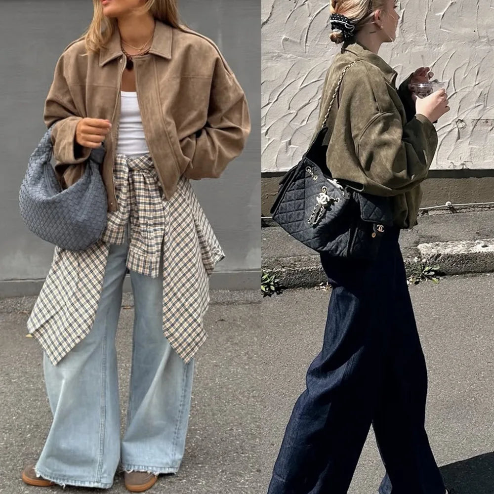 PRINTKAOIR Women's Suede Jacket Outerwear Pilots Style Zipper Closure Medium Thickness Loose Street Style Pure Color Casual Coat