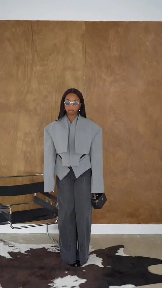 Grey Solid Irregular Blazer Suit Jacket Women Chic Shoulder Pad Full Sleeve Split High Waist Coat 2026 Lady Commute Street Wear