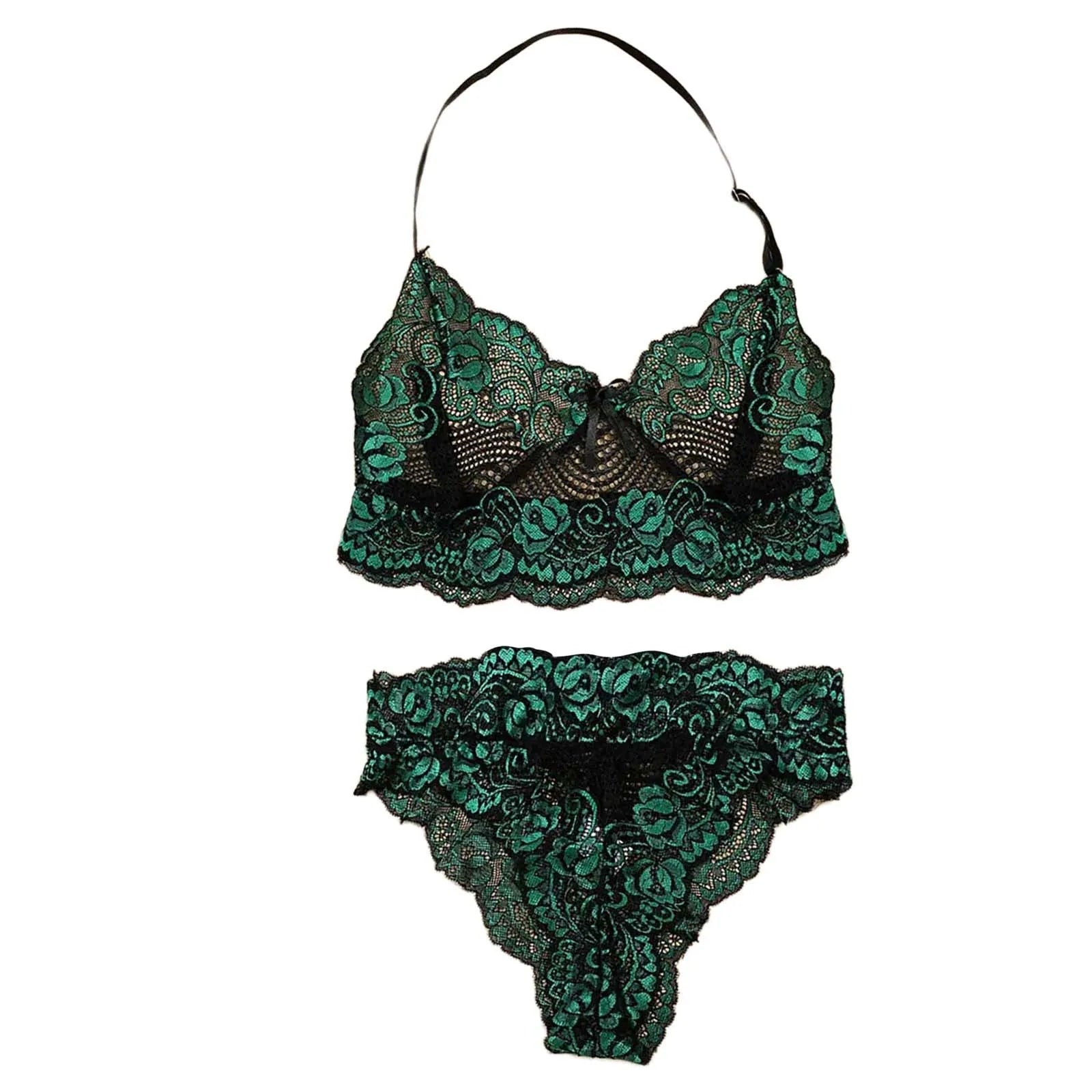 Womens Sexy Lingerie Two Piece Lace Three Point Big Breast Underwear Bowknot Lace Floral Fancy Porn Bra Brief Set Porno Ropa