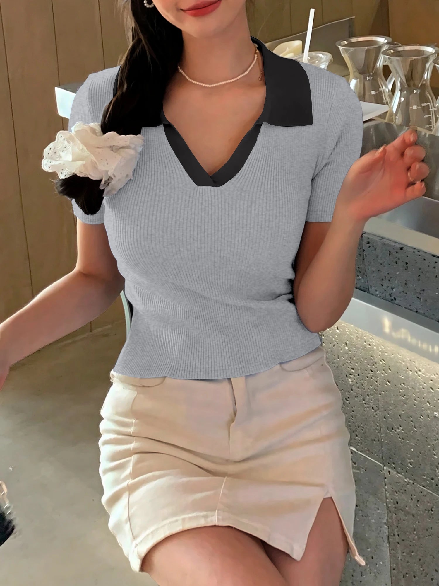 Summer Women's Shirt V-neck Short Sleeve POLO Shirt Clash Color Ribbed New Fashion Casual Women's Tops Sweet Style