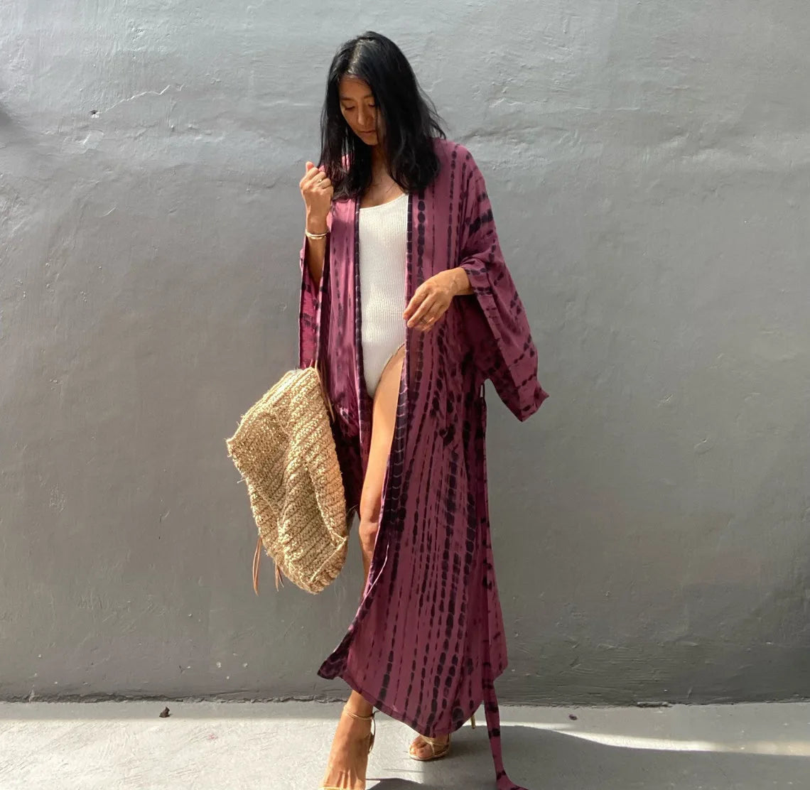 Long Kimono Swimsuit Cover up for Women Stylish Tie Dye Open Front Beach Outfits Bathing Suit