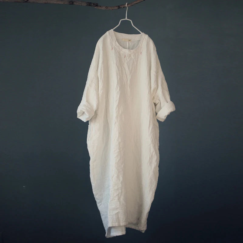 Johnature Women Vintage Maxi Dress 2025 Spring New Bat Sleeve Embroidery Cotton Linen  Robe Long Sleeve Long Dresses