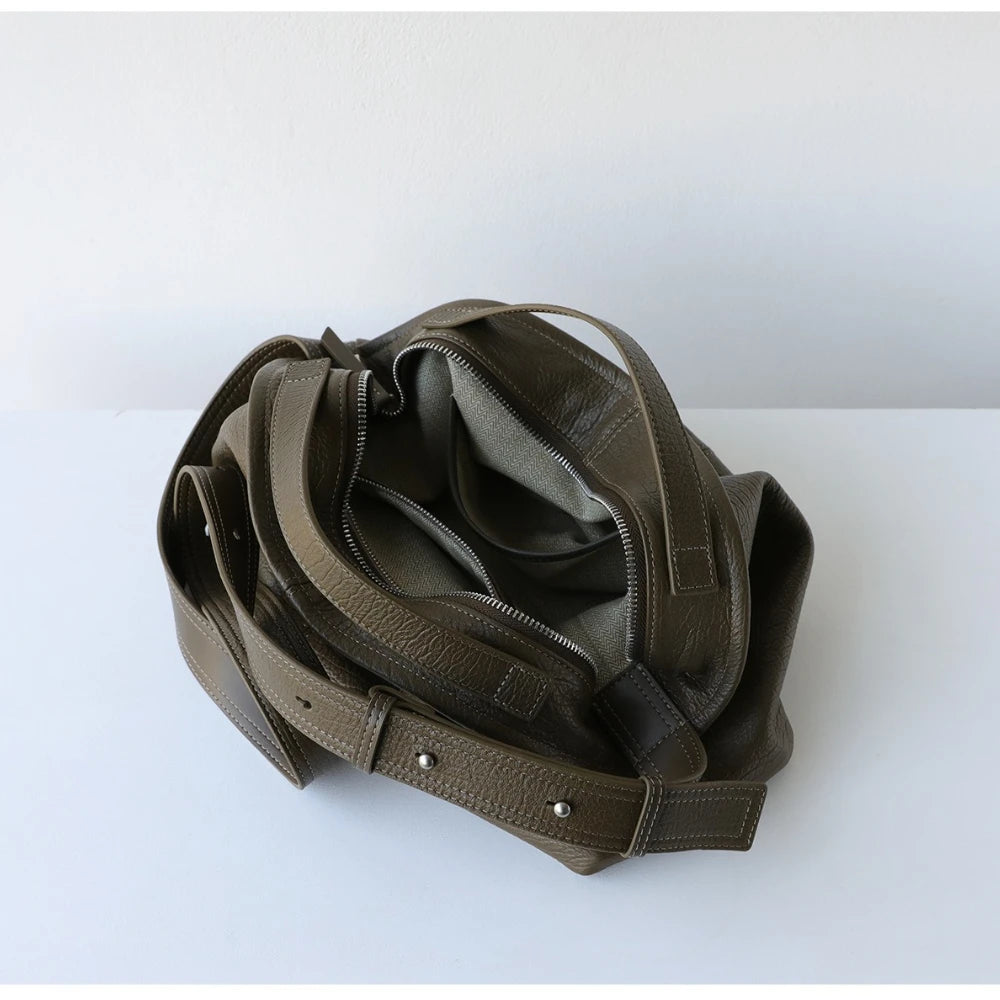 Slouchy Style Elephant Grain Top Layer Cowhide Leather Women Handbag Leisure Sage Green Beautiful Shoulders Bag