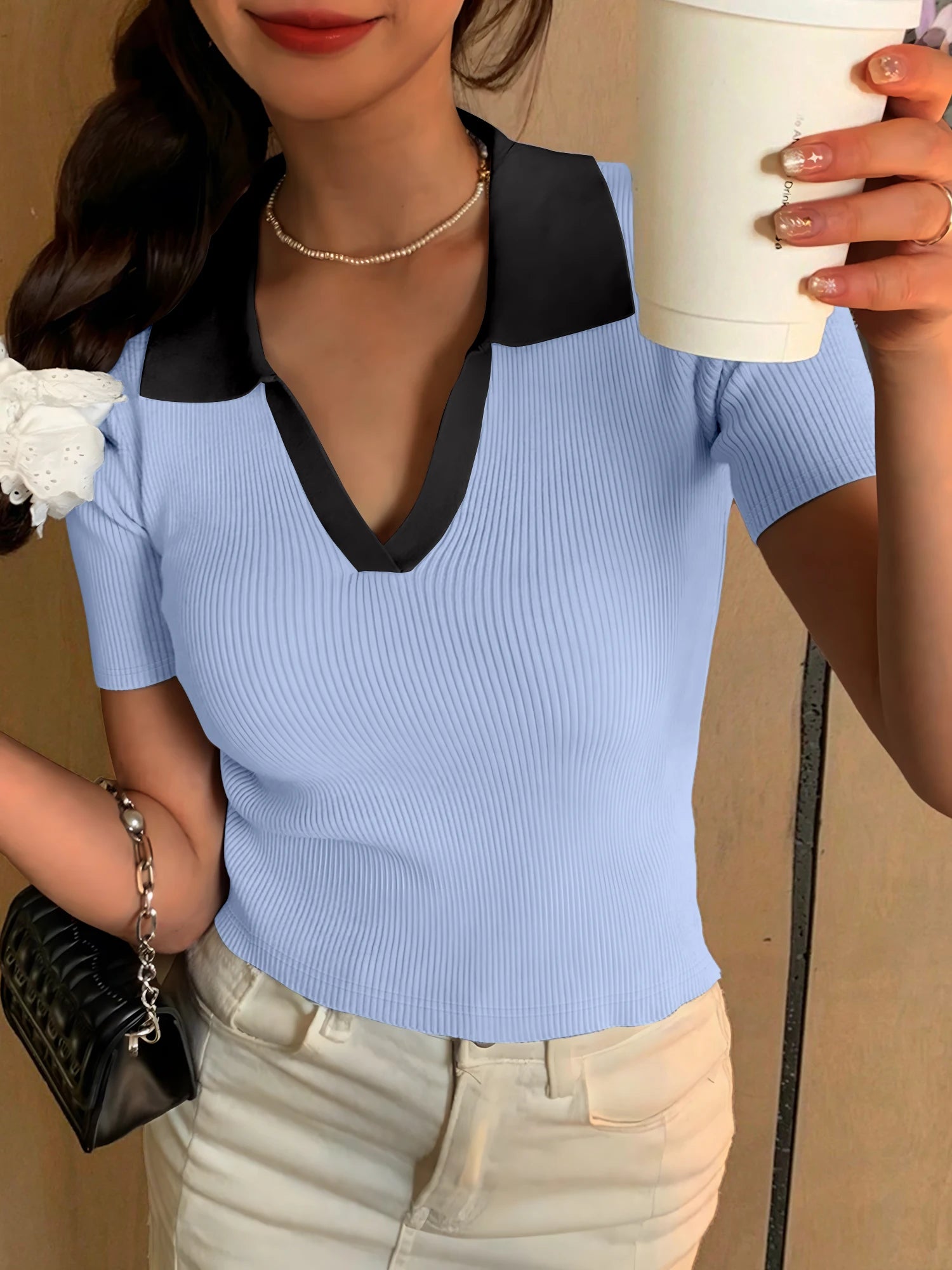 Summer Women's Shirt V-neck Short Sleeve POLO Shirt Clash Color Ribbed New Fashion Casual Women's Tops Sweet Style