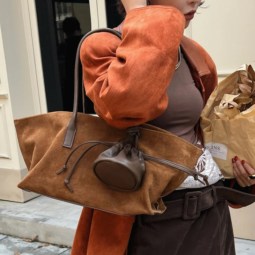 Vintage Large Capacity Suede Tote Bag Designer Trapeze Shoulder Bags for Women Luxury Genuine Leather Handbag and Purse 2025