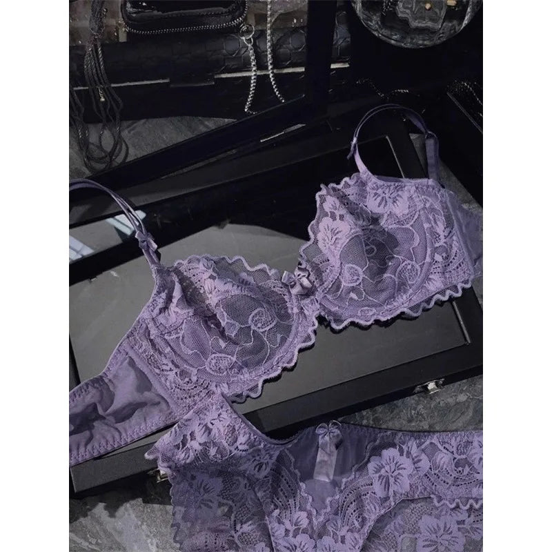 Chic French Ultra-thin Lace Lingerie Set, Large Breasts See-through Underwire Bra,small Bust Lift Elegant Soft Feminine Set S-xl