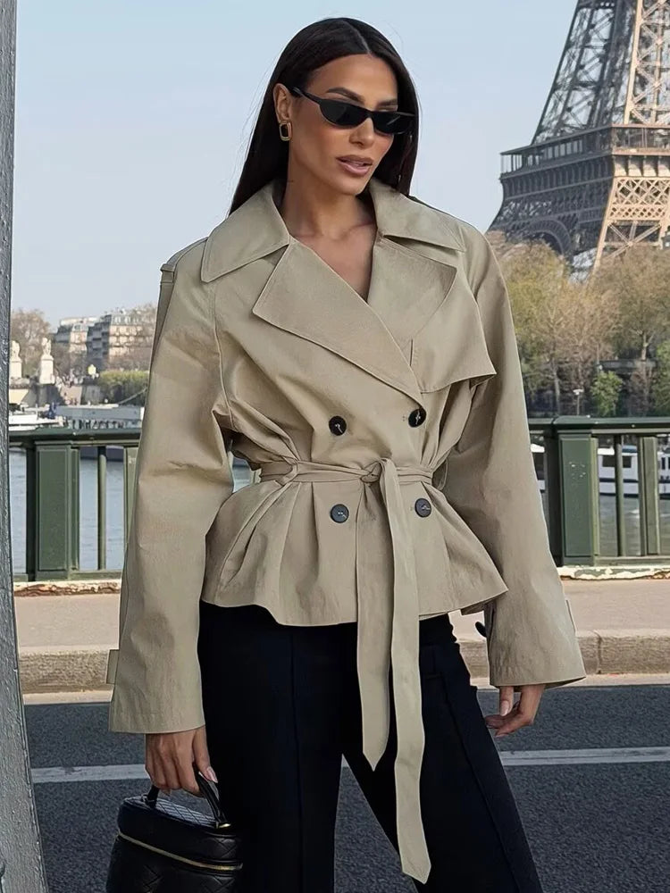 Women Elegant Lapel Belt Shoulder Pad Solid Long Sleeve Jacket