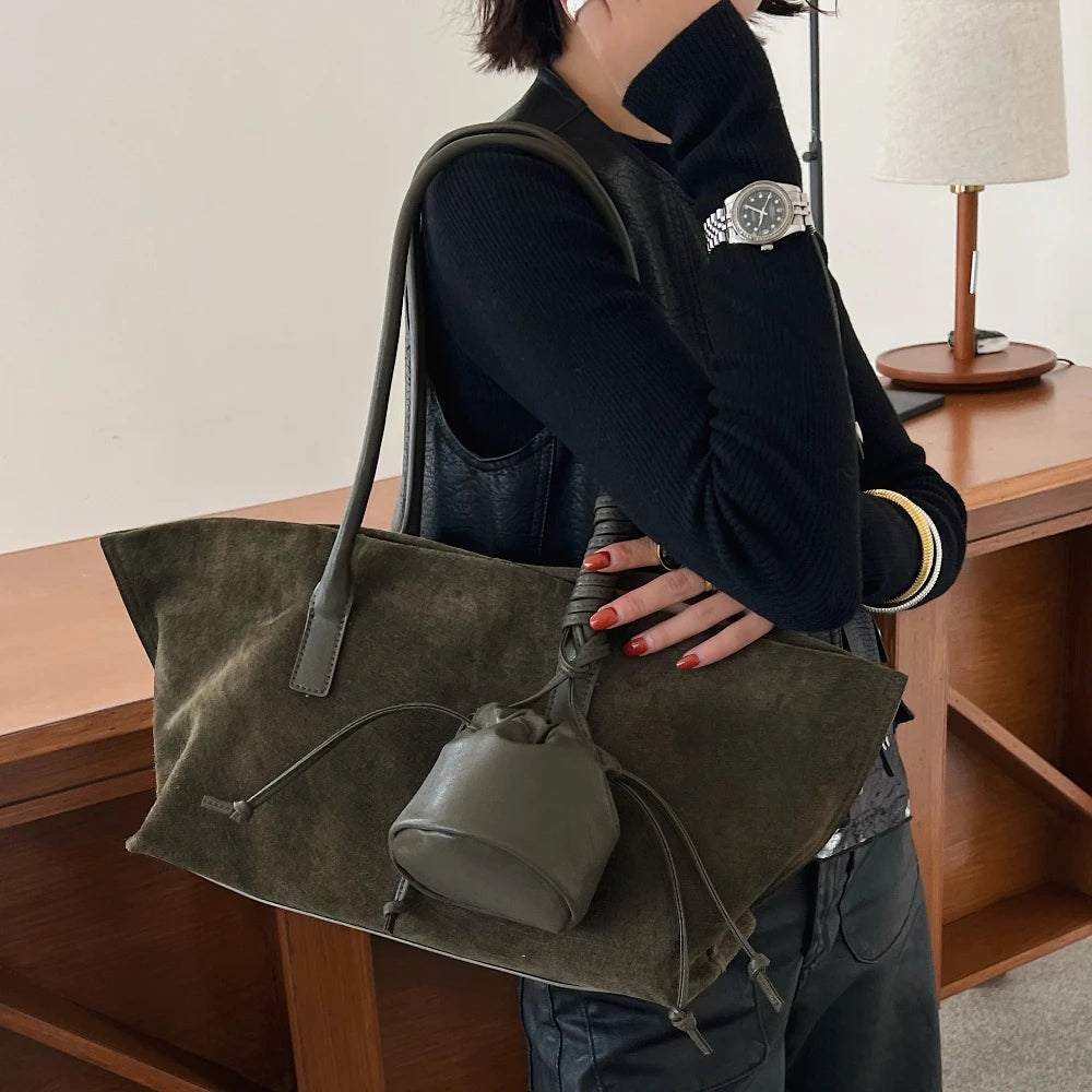 Vintage Large Capacity Suede Tote Bag Designer Trapeze Shoulder Bags for Women Luxury Genuine Leather Handbag and Purse 2025