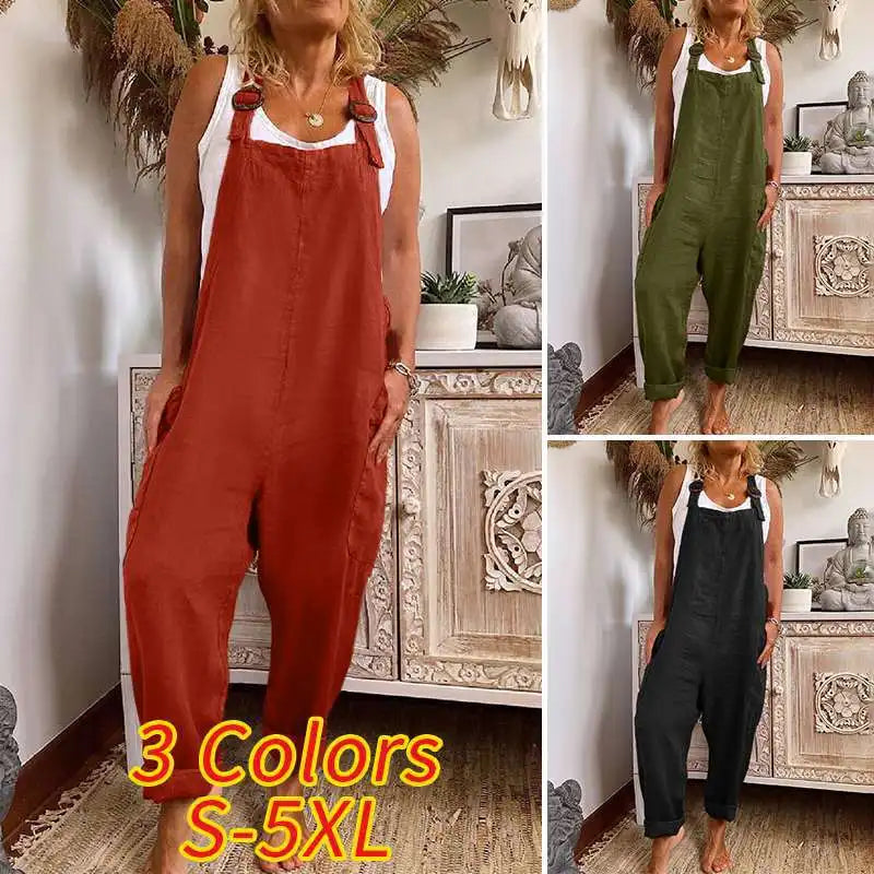 New Solid Color Large size Linen Women Jumpsuits Casual Vintage Sleeveless Adjustable Straps Loose Jumpsuit Bib Overalls