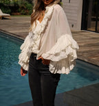 New Fashion Women Ruffle Sheer Blouse Casual Loose V Neck Long Sleeve Shirts for Spring Summer Streetwear Hot Sale S M L