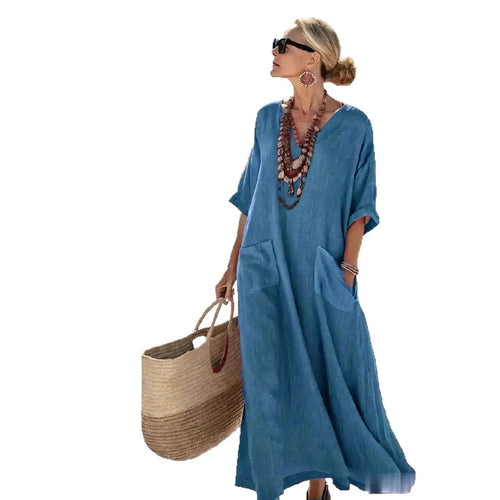 2025 Autumn Women's New Half Cuff Pocket V-neck Fashionable Pleated Loose Dress Women's Casual Solid Color Beach Vacation Skirt