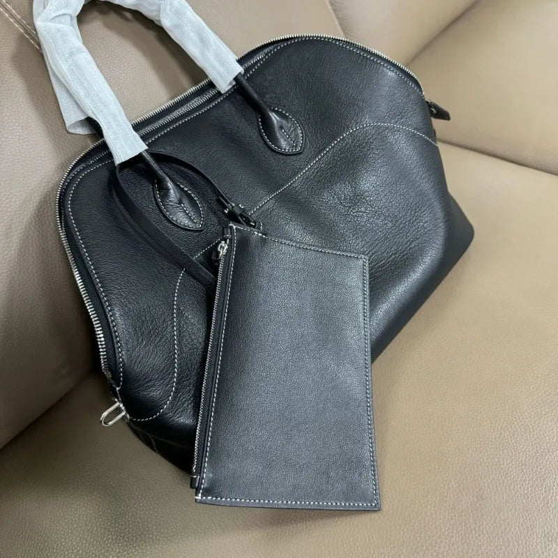 Light Luxury High-end Hand-stitched Bowling Handbag, First-layer Cowhide Shell Bag, Large-capacity Commuter Versatile Bag