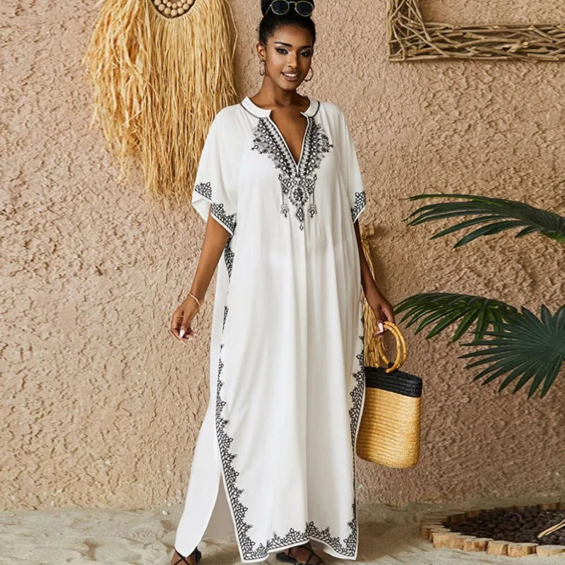 Women Vintage Loose Dress Cotton Beach Cover-up Embroidered Robe Vacation Sun Protection Bikini Cover-up Sexy Dresses For Women