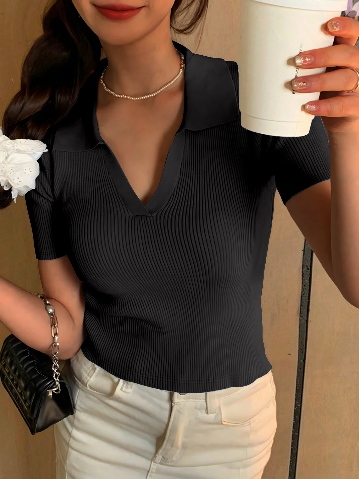 Summer Women's Shirt V-neck Short Sleeve POLO Shirt Clash Color Ribbed New Fashion Casual Women's Tops Sweet Style