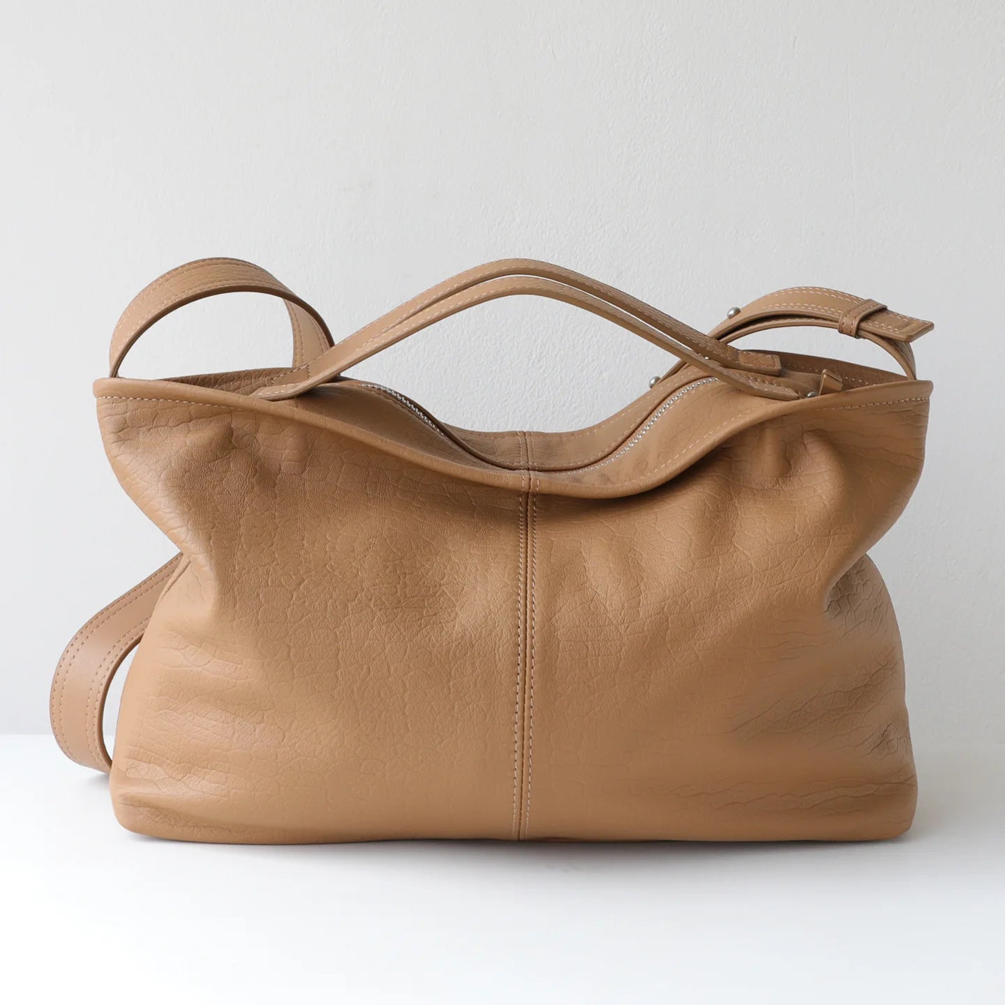 Slouchy Style Elephant Grain Top Layer Cowhide Leather Women Handbag Leisure Sage Green Beautiful Shoulders Bag