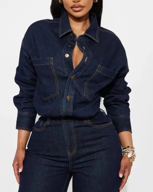 Jumpsuit Women 2026 New Spring Autumn Solid Color Pocket Design Turn-Down Collar Long Sleeved High Waist Casual Denim Jumpsuit