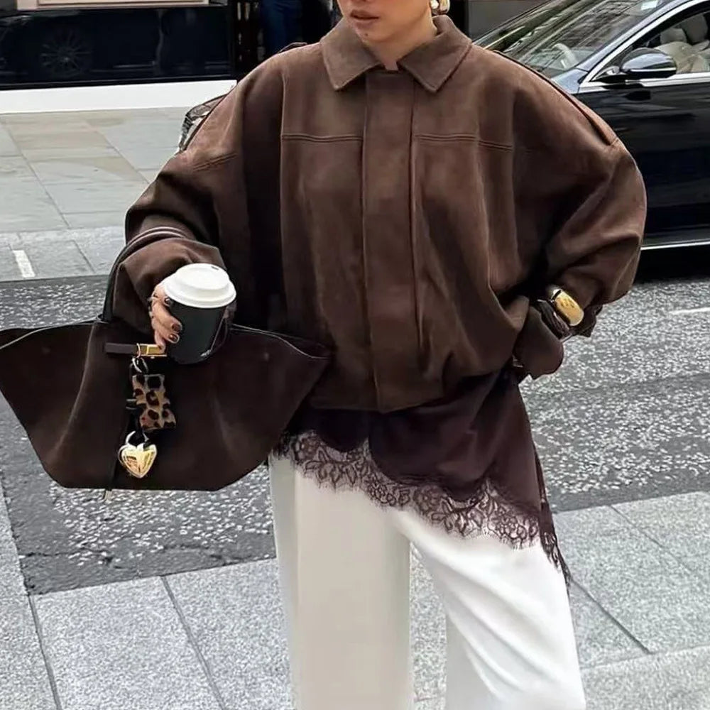 PRINTKAOIR Women's Suede Jacket Outerwear Pilots Style Zipper Closure Medium Thickness Loose Street Style Pure Color Casual Coat