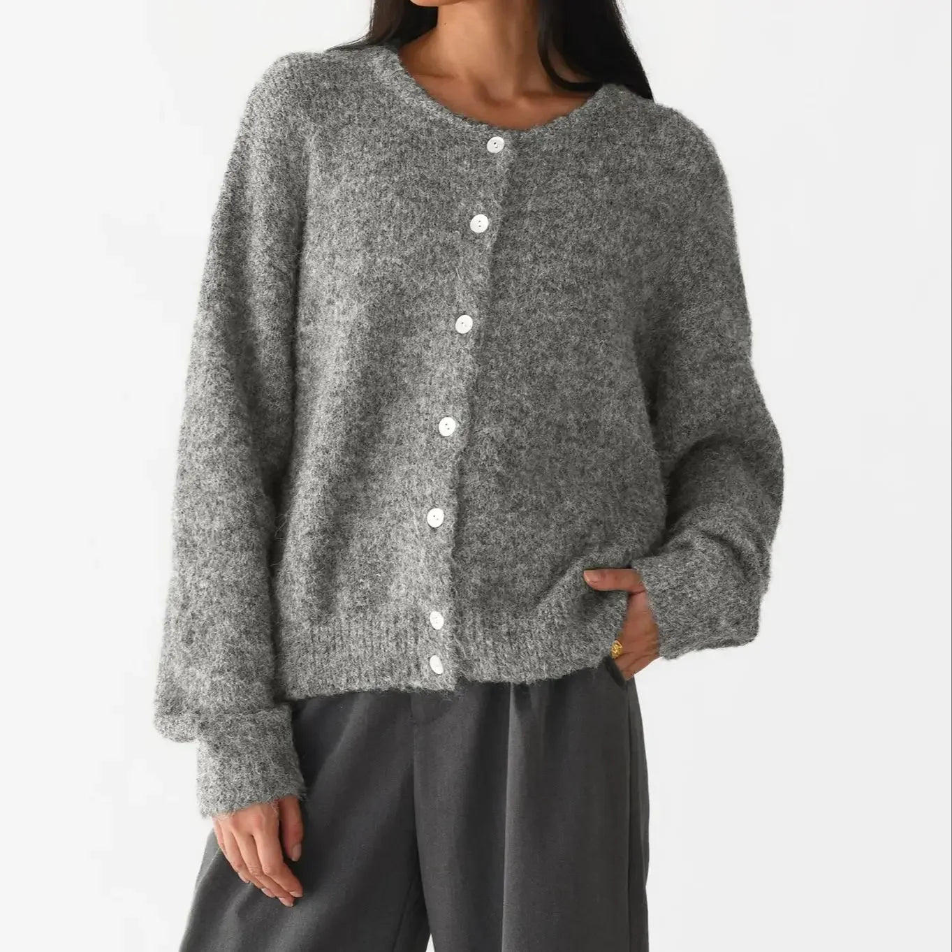 Women's Grey Wool Knitted Cardigan