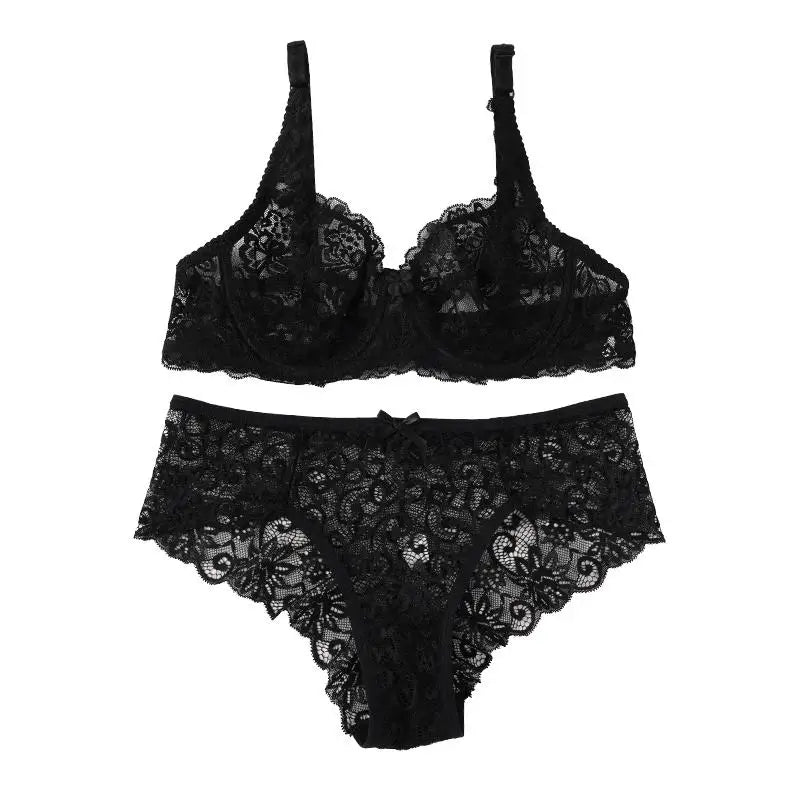 Sexy Lace Bra Suit Non-pad Women Ultra-thin Push-up Panty Set Delicate President for Girlfriend Cup B/C Plus Size 34-40 2PCS Set