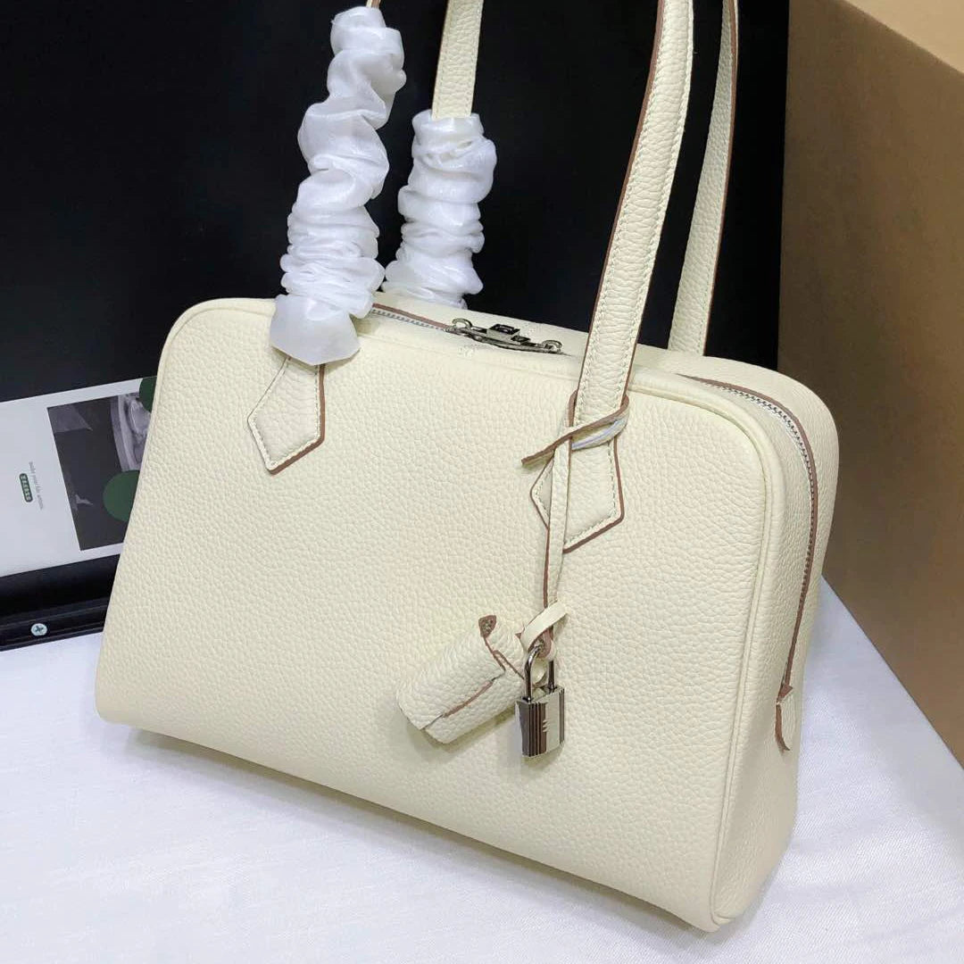 Genuine Leather Bowling Bag for Women, Top Layer Cowhide Handbag, Large Capacity Top Handle Bag, Small & Large Size