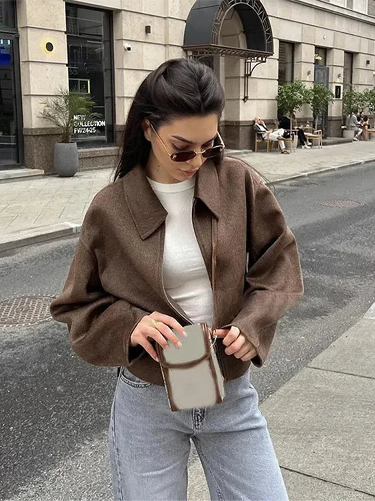 Fashion Brown Zipper Woolen Jacket For Women Elegant Lapel Long Sleeve Short Coats Female Vintage Autumn Lady Street Outerwear