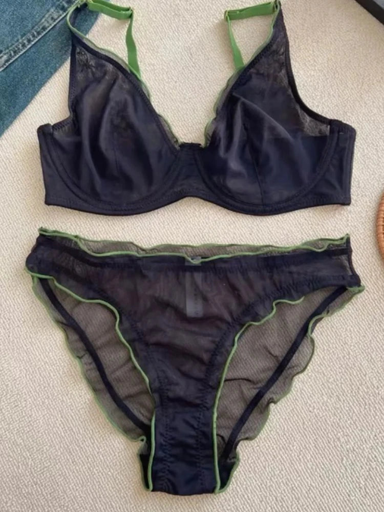European Luxury Lingerie Set Full Cup Sheer Ultra Thin Bra & Panty Set Sexy Comfort for Women Large Small MOYISU Sexy Tushy S-XL